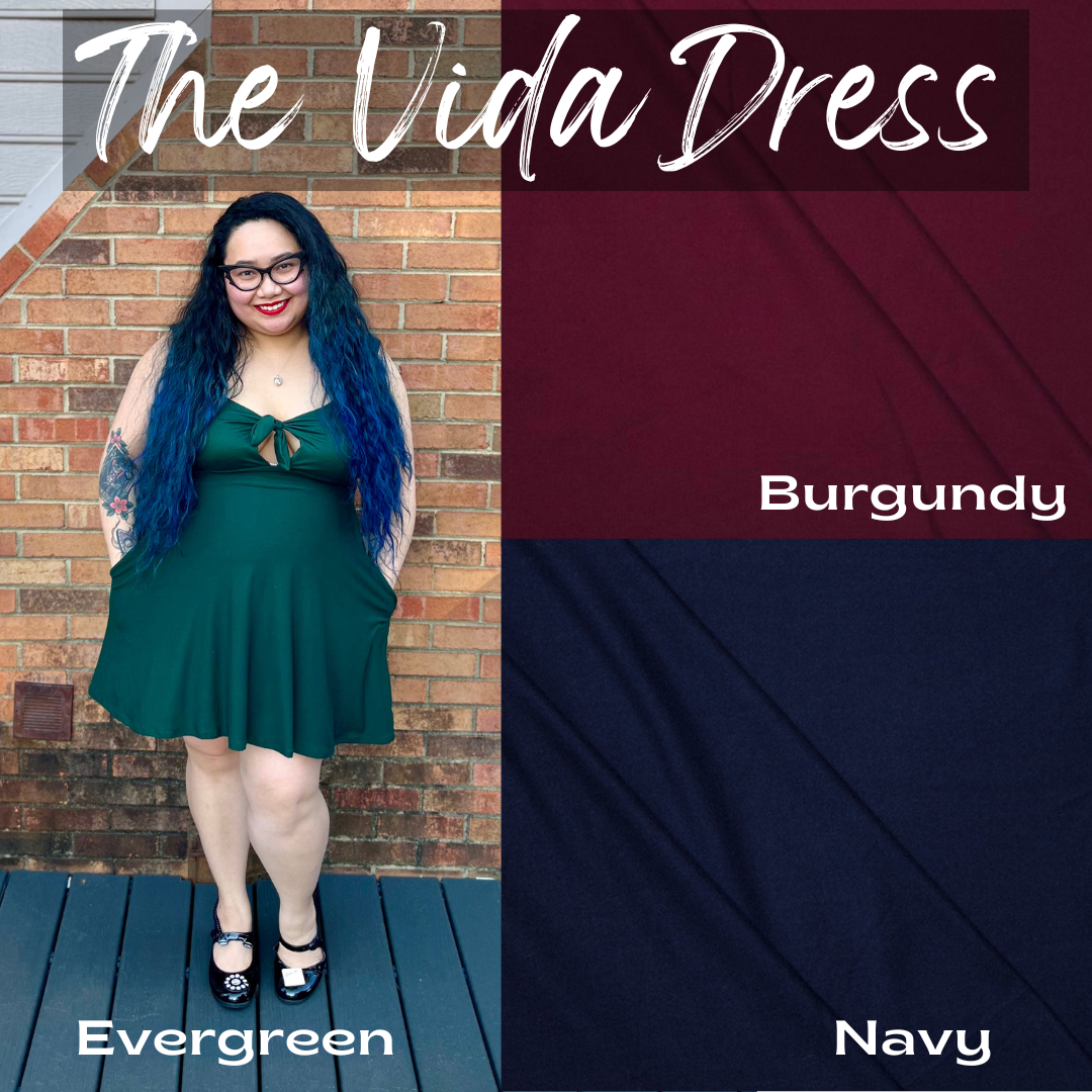 The Vida Dress. casstastrophe. shop casstastrophe. casstastropheshop.com. tie front dress with flow skirt and pockets. available in evergreen, burgundy, and navy