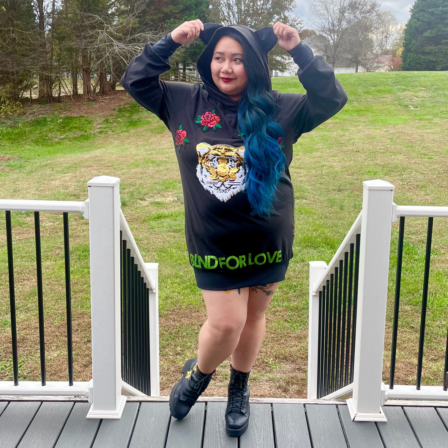 Casstastrophe, Shop Casstastrophe, casstastropheshop.com, black hoodie dress with sequin tiger head and rose appliqués