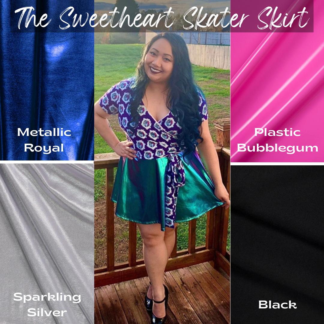 sweetheart skater skirt, casstastrophe, shop casstastrophe, casstastropheshop.com, metallic royal, sparkling silver, plastic bubblegum, black