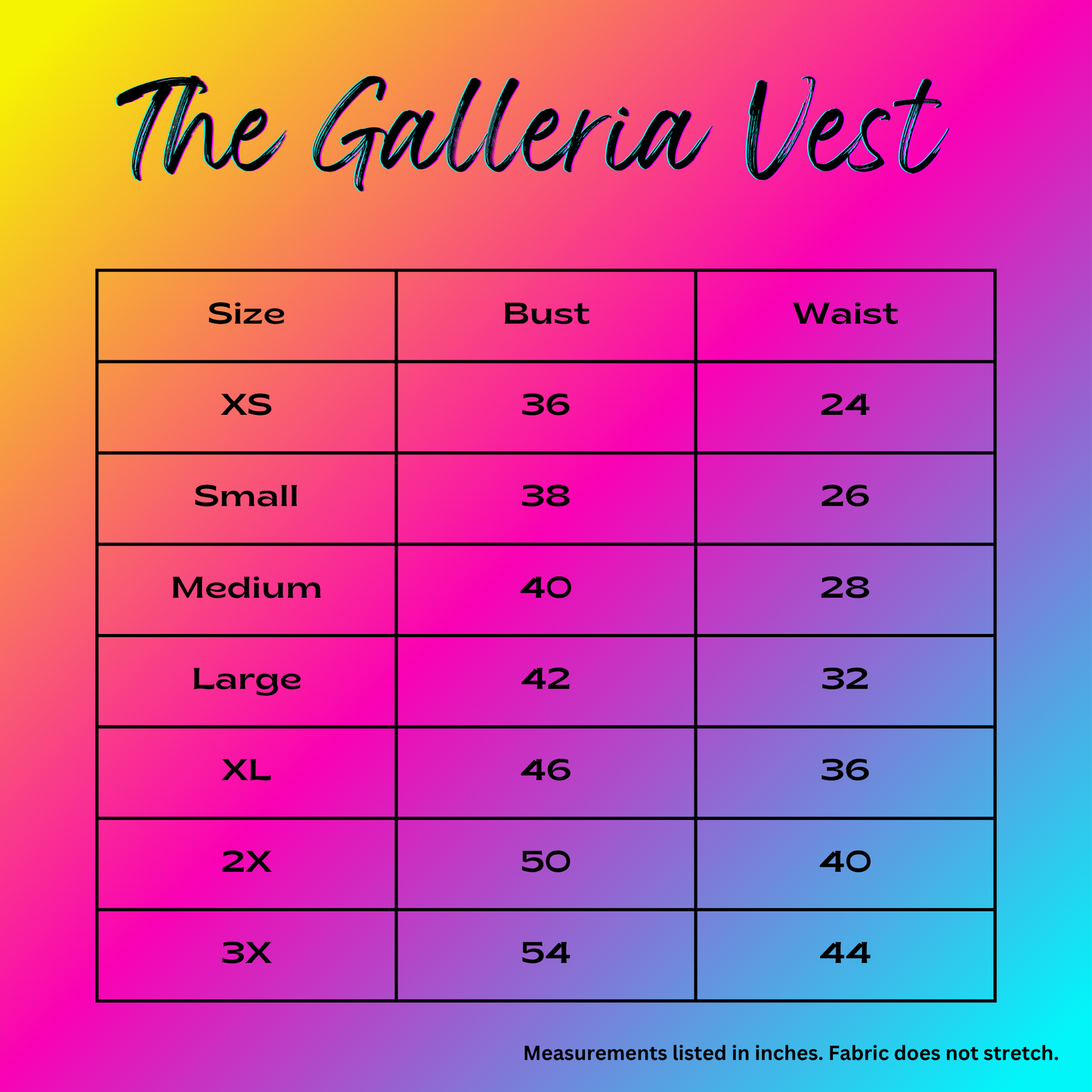 A size chart graphic for 'The Galleria Vest' showing measurements in inches by size (XS through 3X), with a pink-to-blue gradient background and black outlined title text.