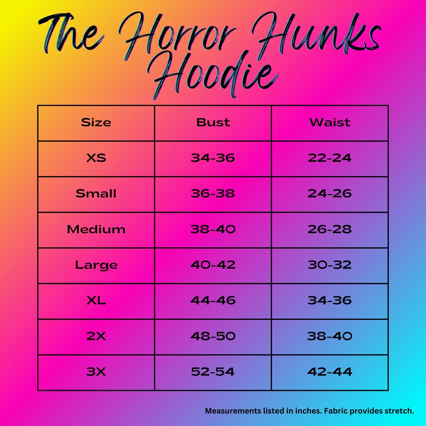 the horror hunks hoodie. casstastrophe. shop casstastrophe. casstastropheshop.com. size chart