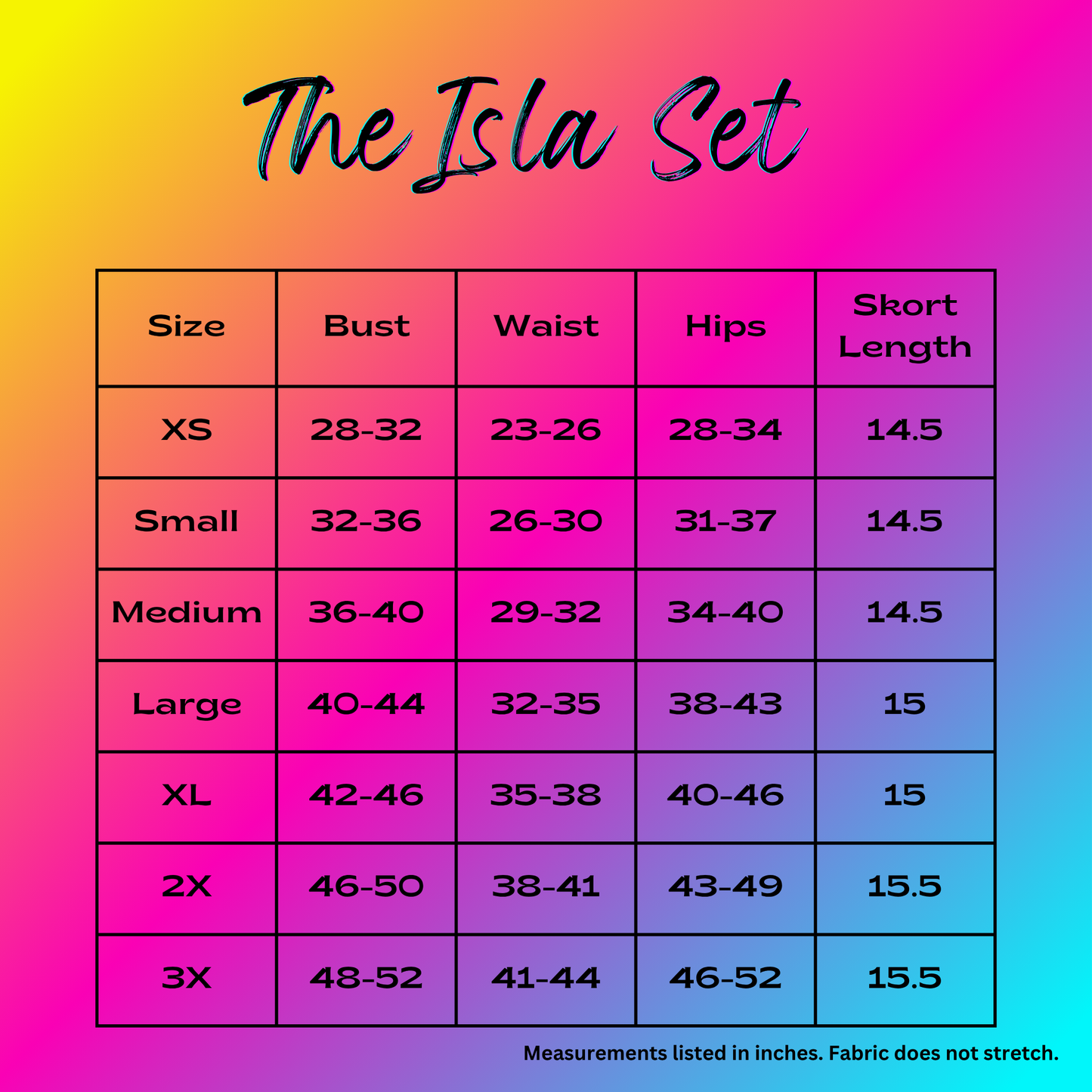 the Isla set size chart