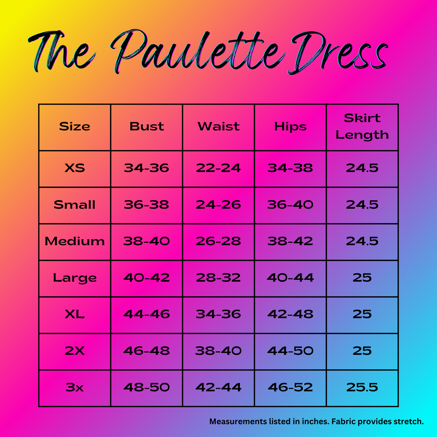 Size chart for The Paulette Dress