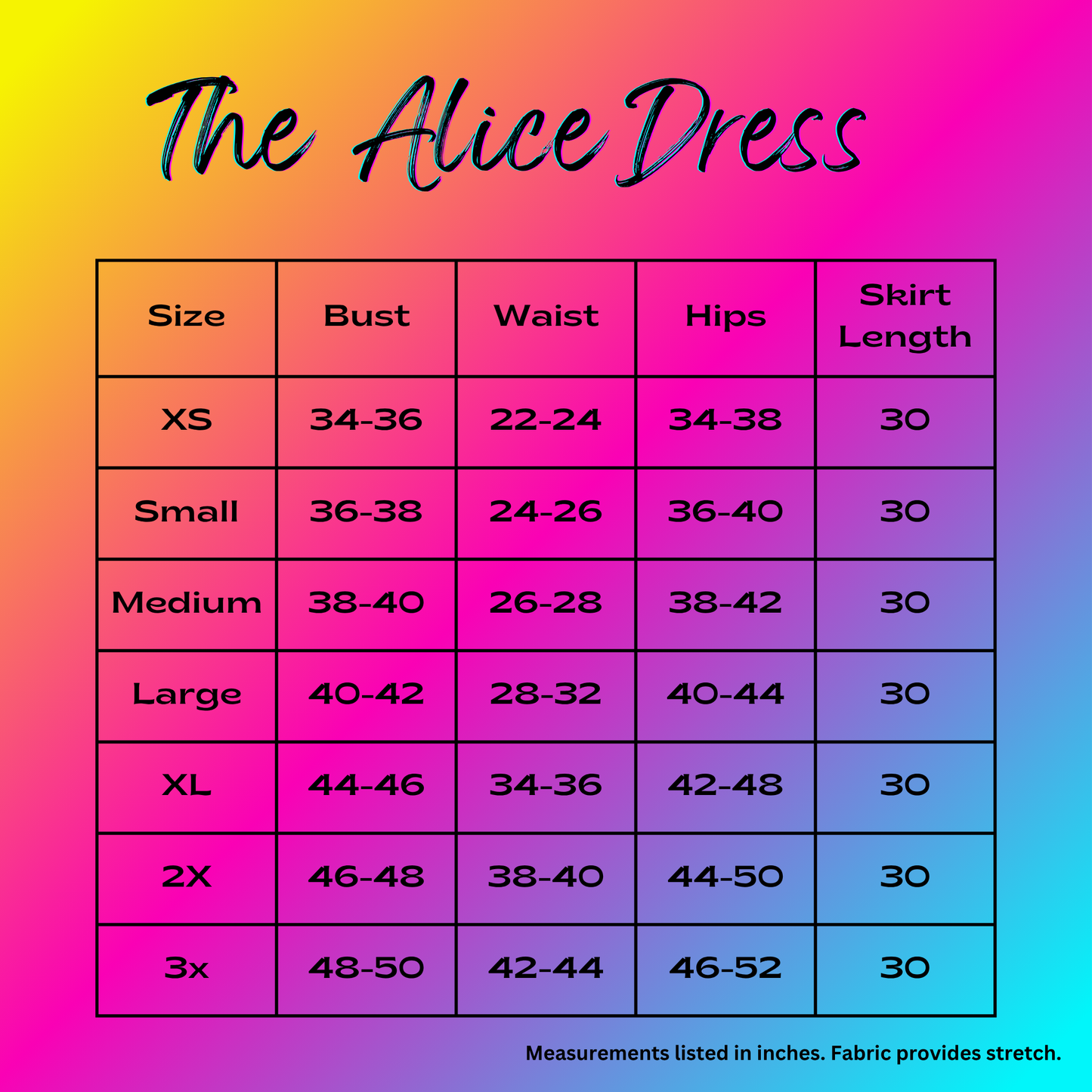 Size chart for 'The Alice Dress' with measurements on a gradient background