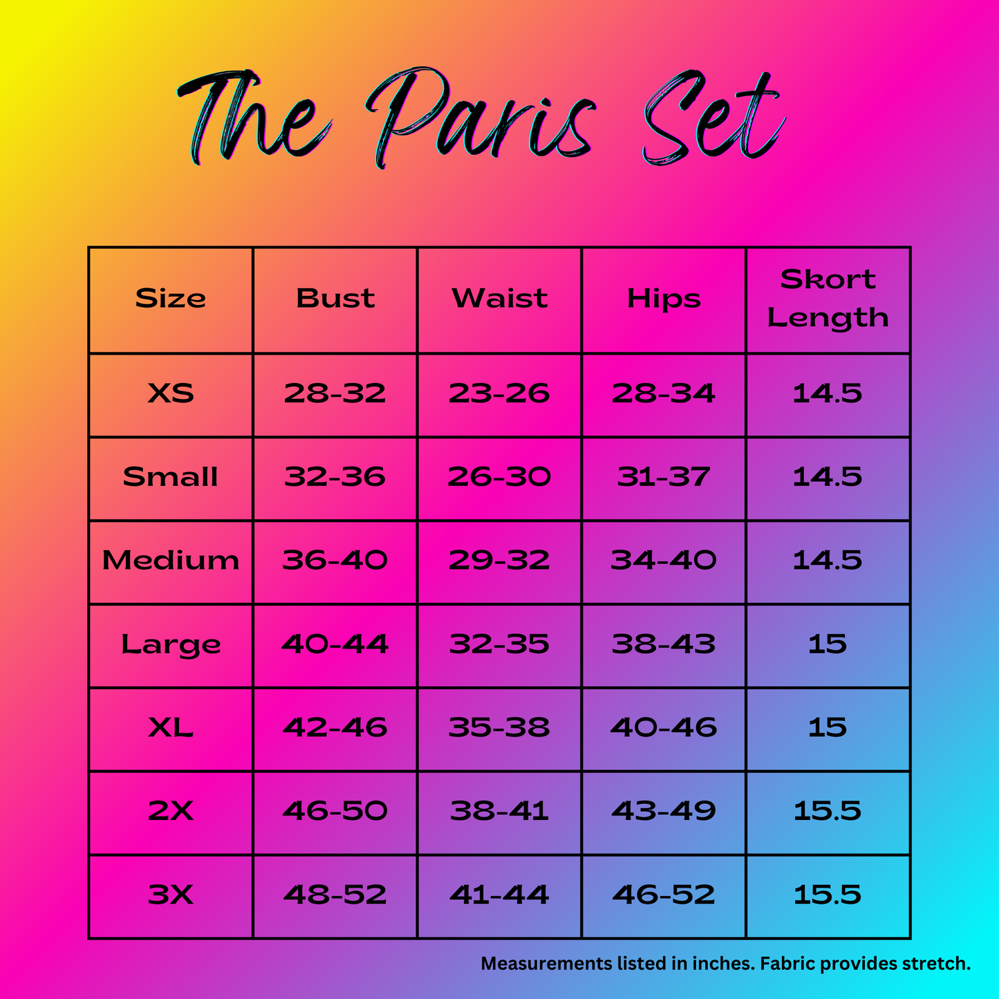 The Paris Set Size Chart