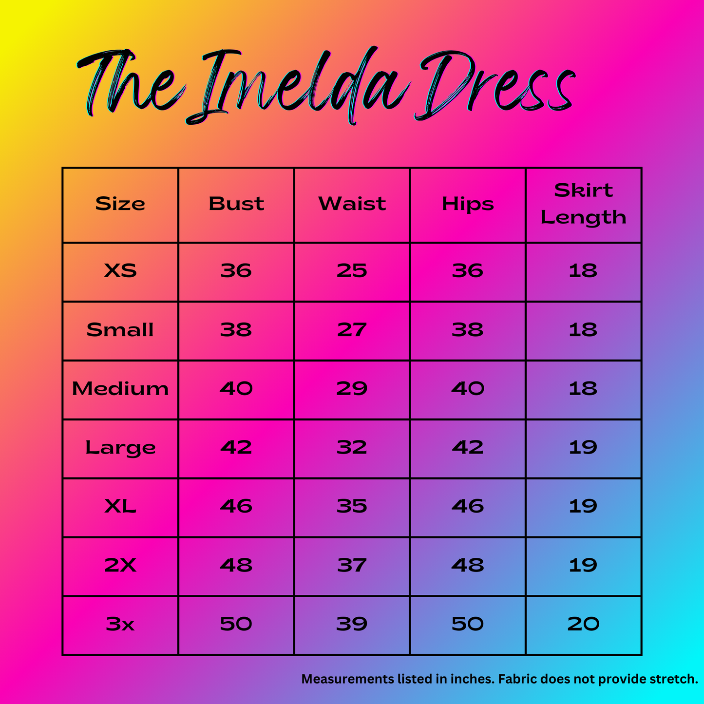 size chart for the Imelda dress