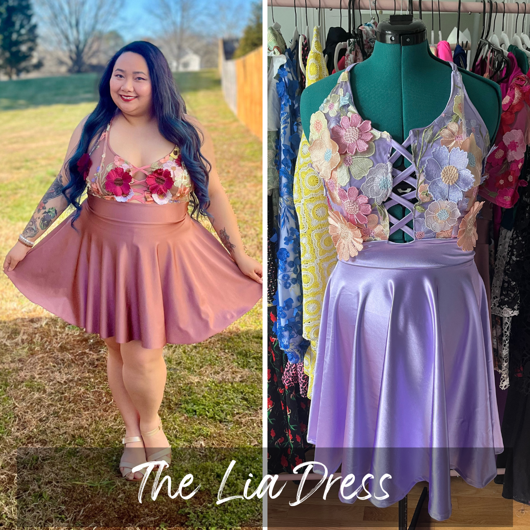 The Lia Dress, dress with lace up floral bodice and circle skirt, available in mauve or lavender