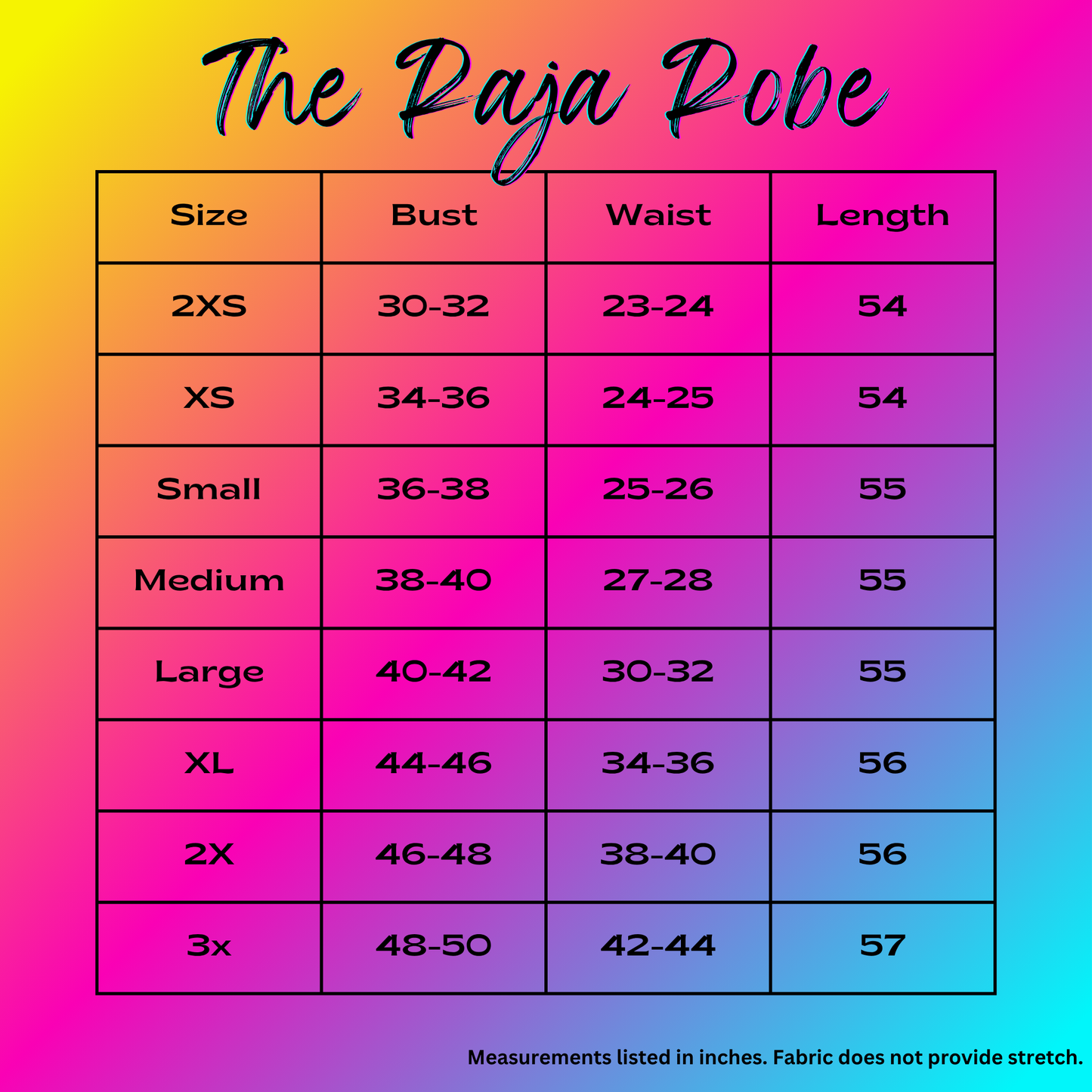 size chart for the Raja Robe on a rainbow background