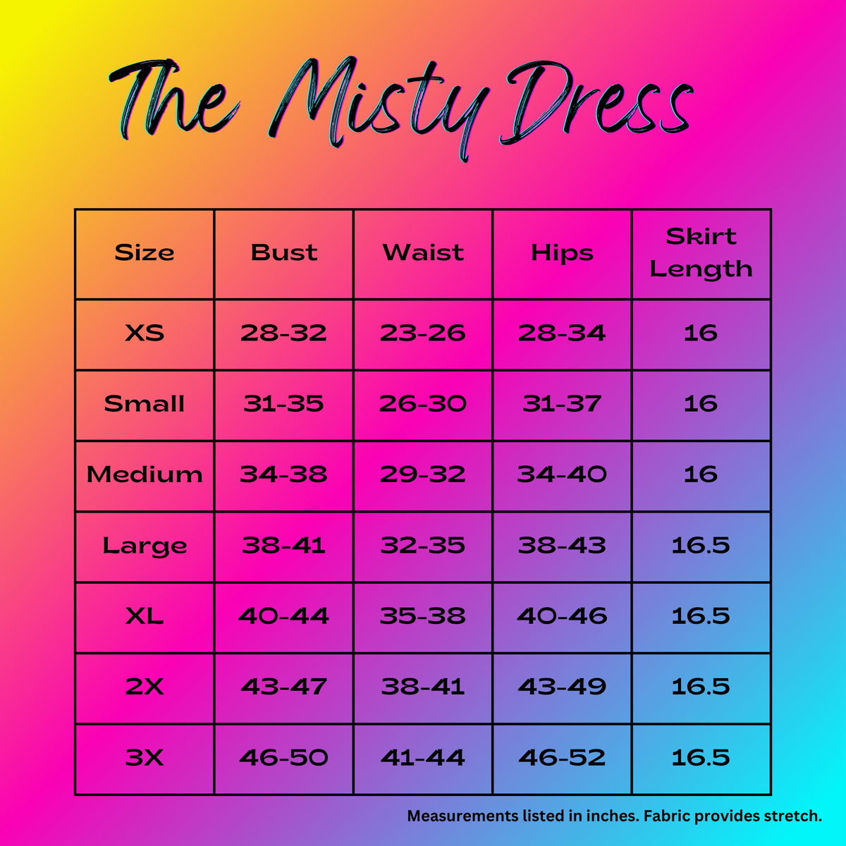 A size chart graphic for 'The Misty Dress' with a size grid showing measurements in inches by size (XS to 3X), set against a vibrant pink, purple, and yellow gradient background.