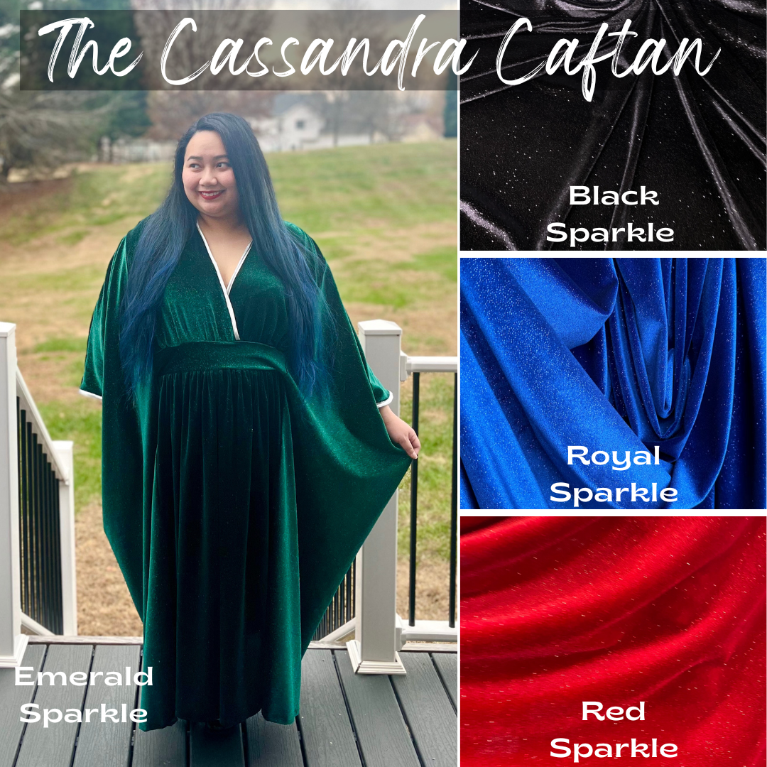 The Cassandra Caftan, casstastrophe, shop casstastrophe, casstastropheshop.com, emerald sparkle, black sparkle, royal sparkle, red sparkle