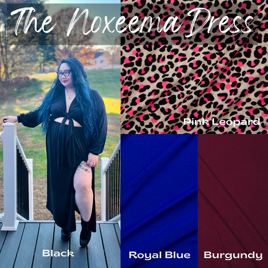 the noxeema dress. casstastrophe. shop casstastrophe. casstastropheshop.com. tie from maxi dress with long sleeves and thigh high slit. available in black, pink leopard, royal blue, and burgundy.