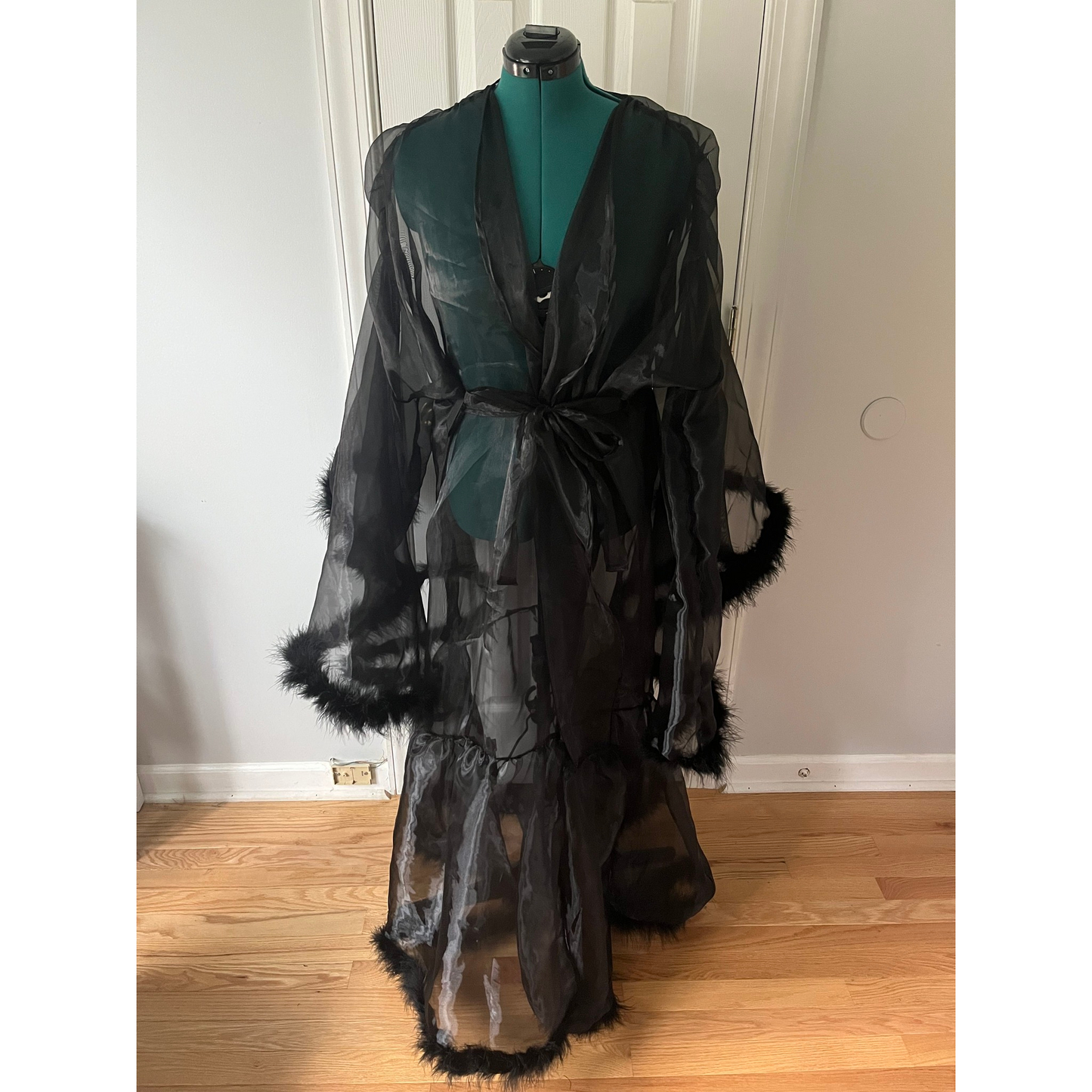 long black robe with feather trim, shop casstastrophe