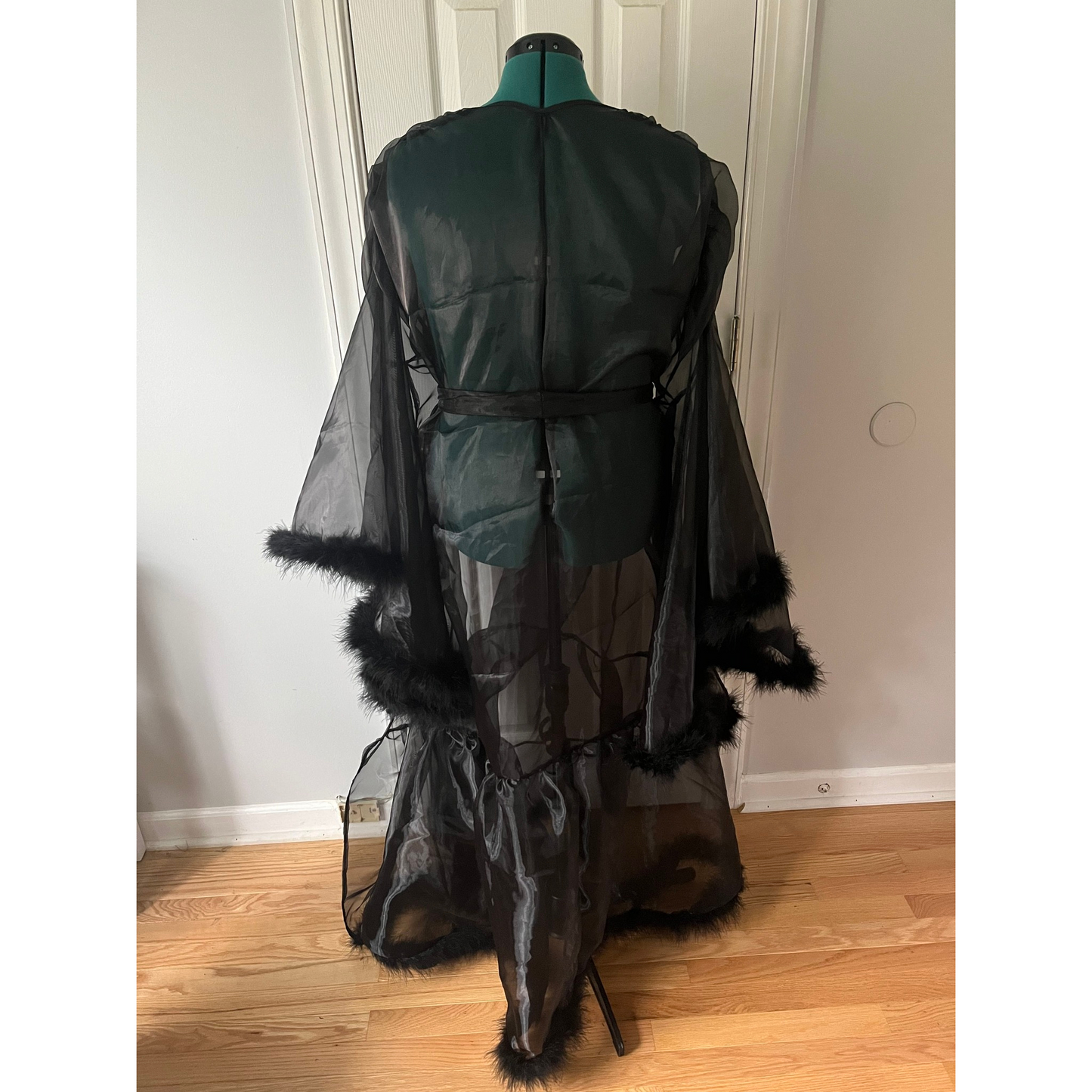 long black robe with feather trim, shop casstastrophe