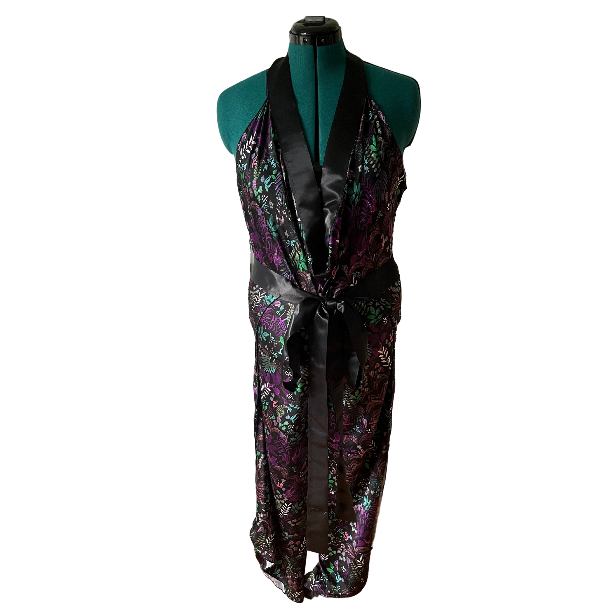 Casstastrophe, Shop Casstastrophe, casstastropheshop.com, Betty Wrap Pants, purple garden print wrap pants worn as jumpsuit