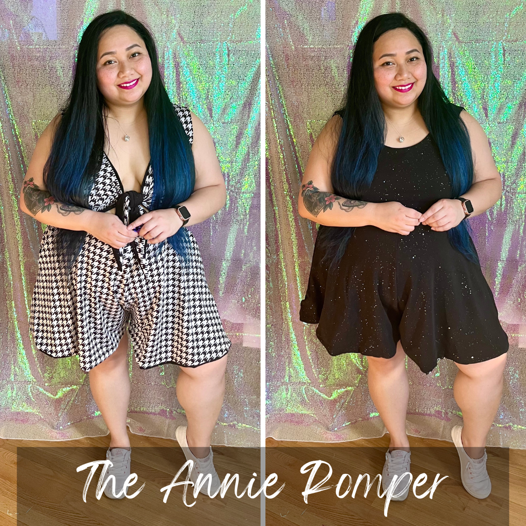 the annie romper, reversible romper, casstastrophe, shop casstastrophe, casstastropheshop.com, houndstooth, black w/silver sparkles