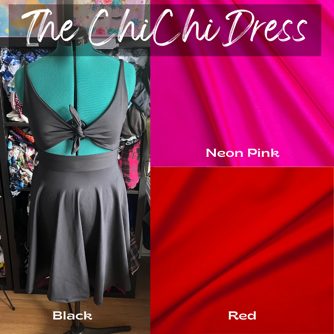 chi chi dress, casstastrophe, shop casstastrophe. tie front dress with circle skirt. available in black, neon pink, and red. casstastropheshop.com