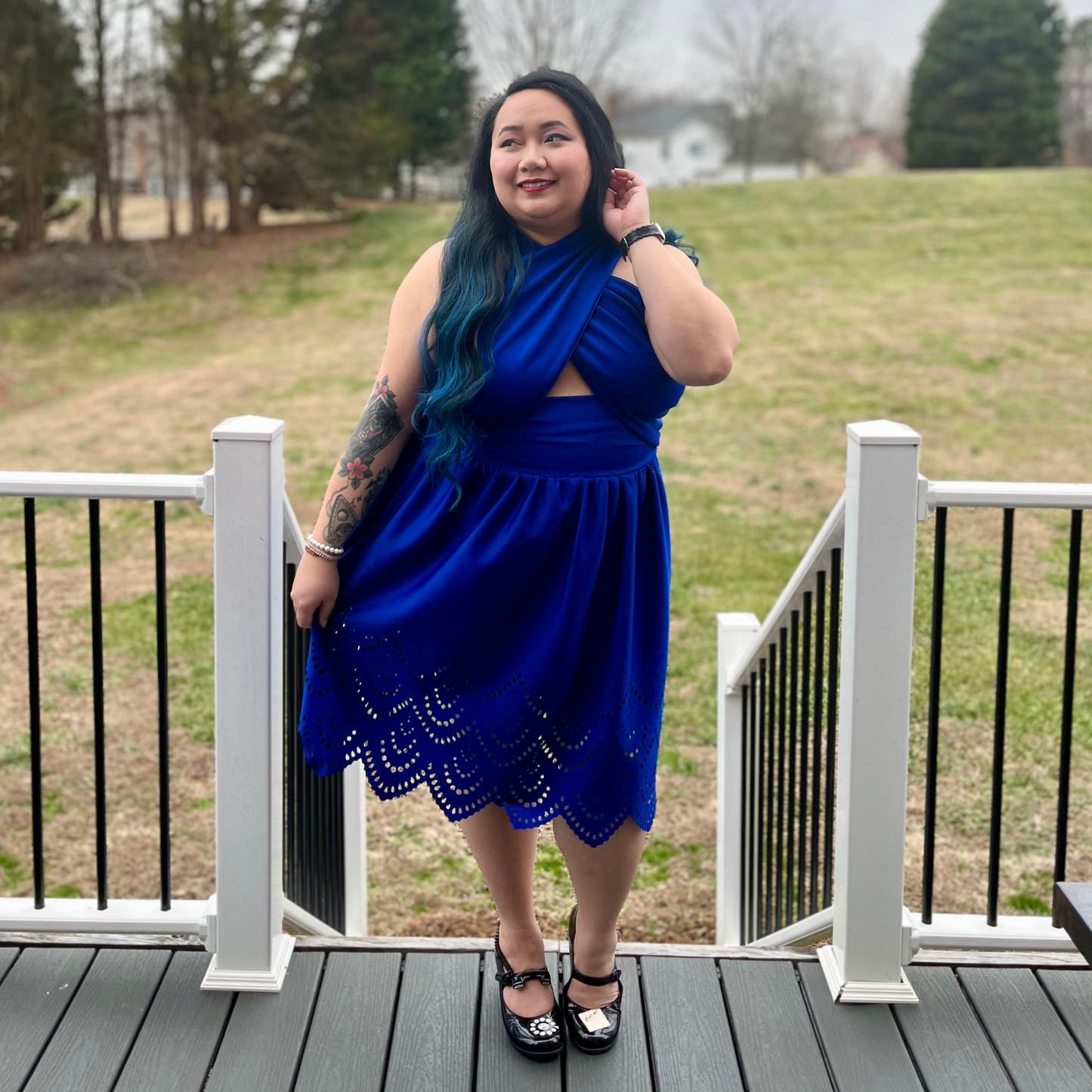 The Laura Dress, royal blue midi dress with peekaboo criss cross bodice and laser-cut skirt, casstastrophe, Shop Casstastrophe, casstastropheshop.com