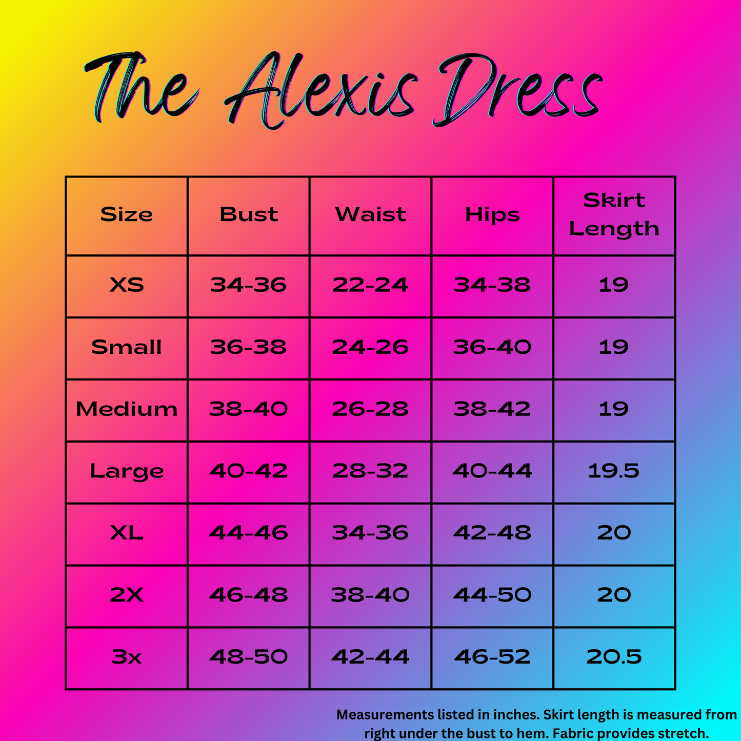 the Alexis dress size chart