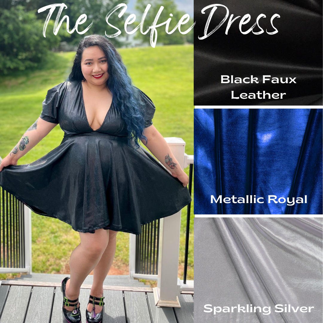 the selfie dress, puff sleeve dress with plunging neckline and full skirt, casstastropheshop.com, shop casstastrophe, available in black faux leather, metallic royal, and sparkling silver