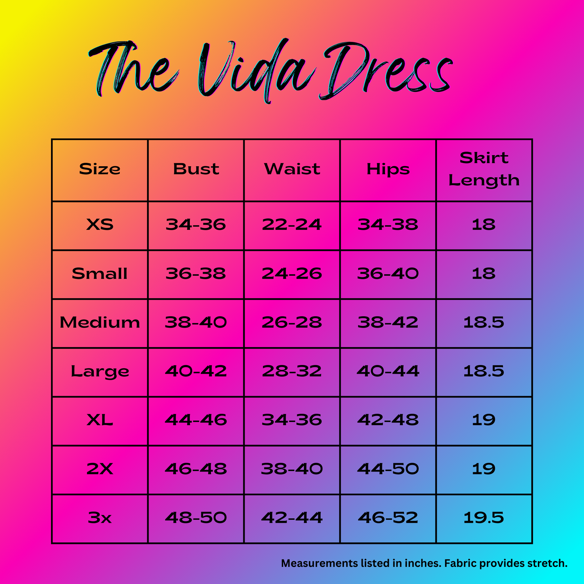 the vida dress size chart