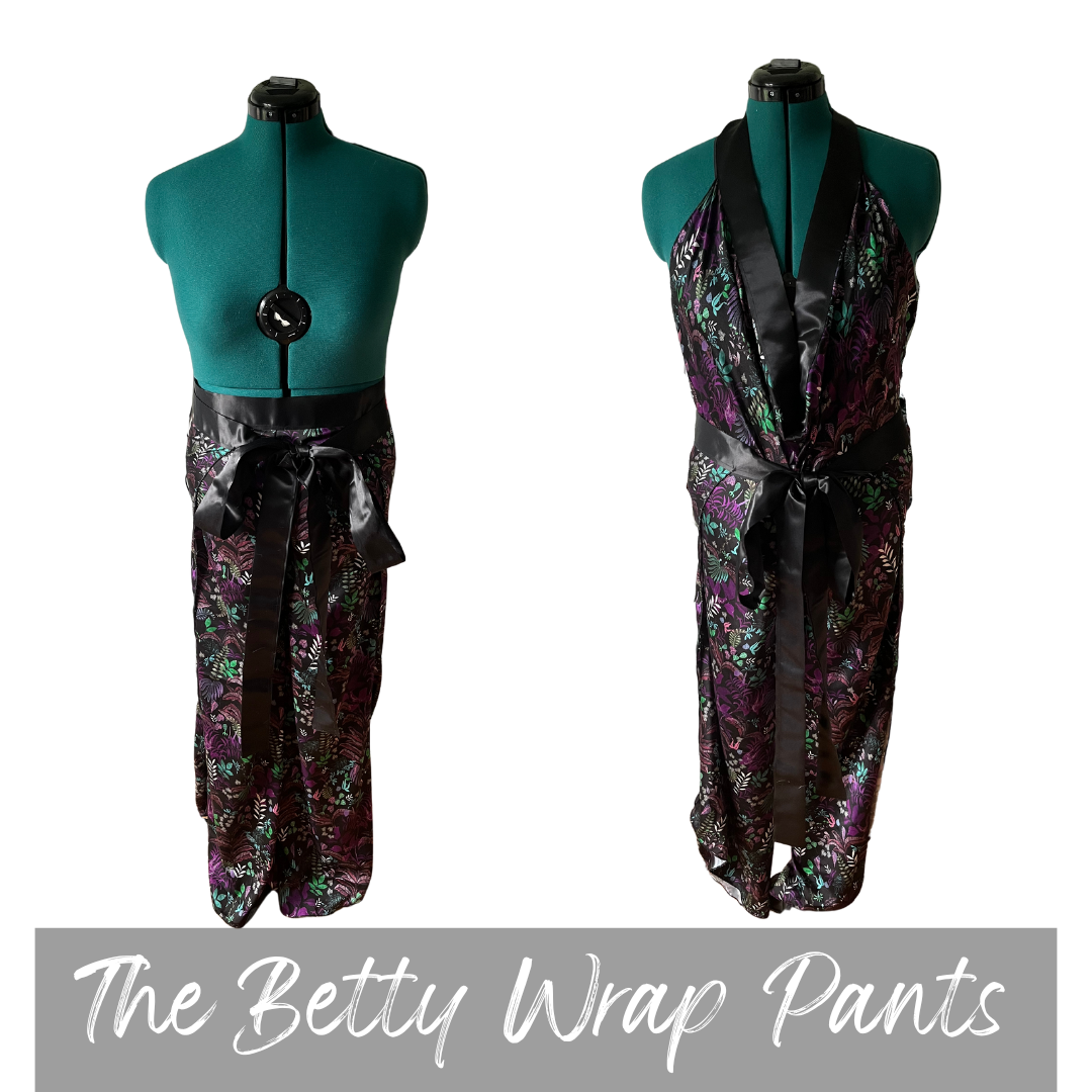 Casstastrophe, Shop Casstastrophe, casstastropheshop.com, Betty Wrap Pants, purple garden print wrap pants worn as pants and as jumpsuit