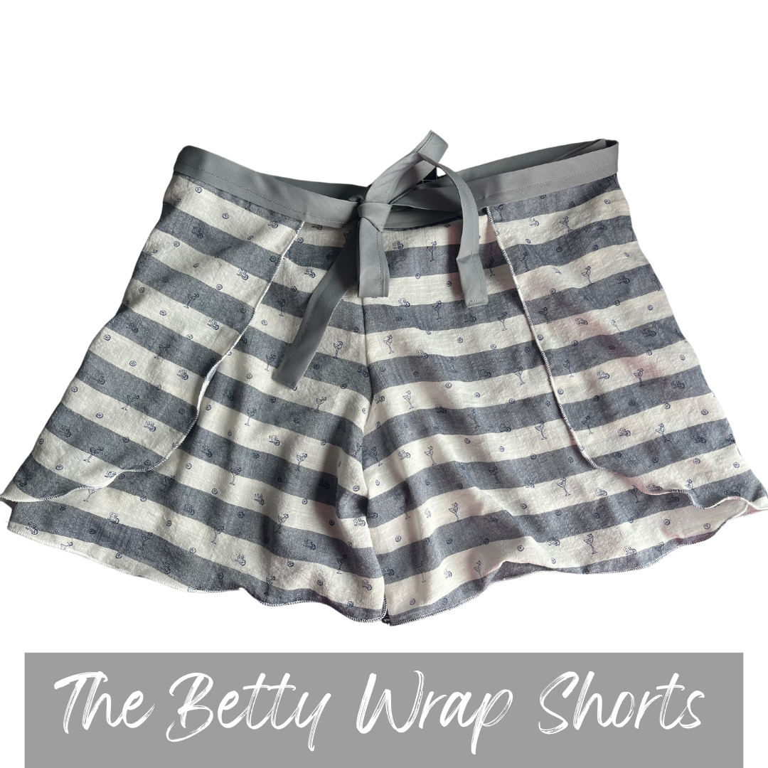 Casstastrophe, Shop Casstastrophe, casstastropheshop.com, Betty wrap shorts navy and white striped shorts with cocktail print