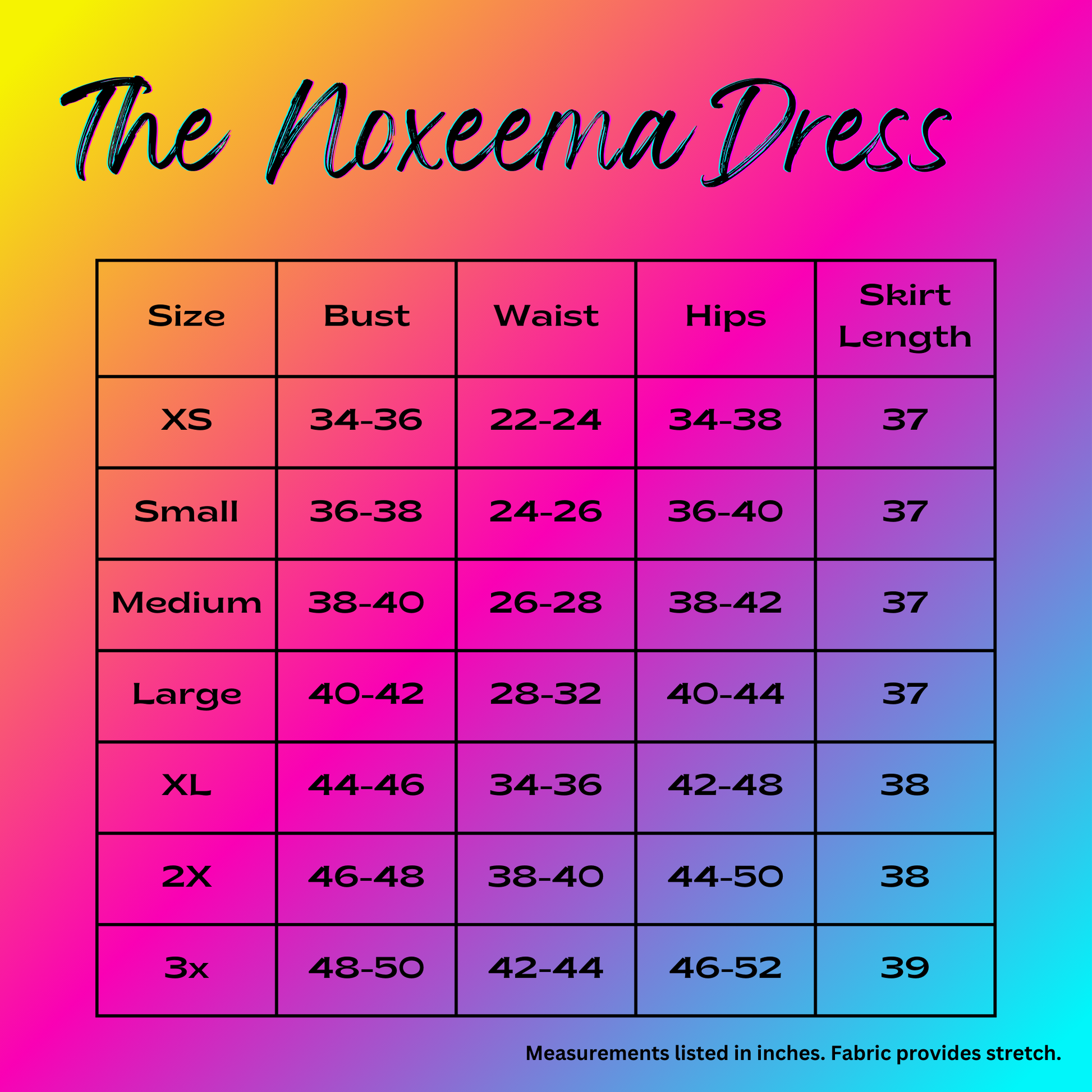 the noxeema dress size chart