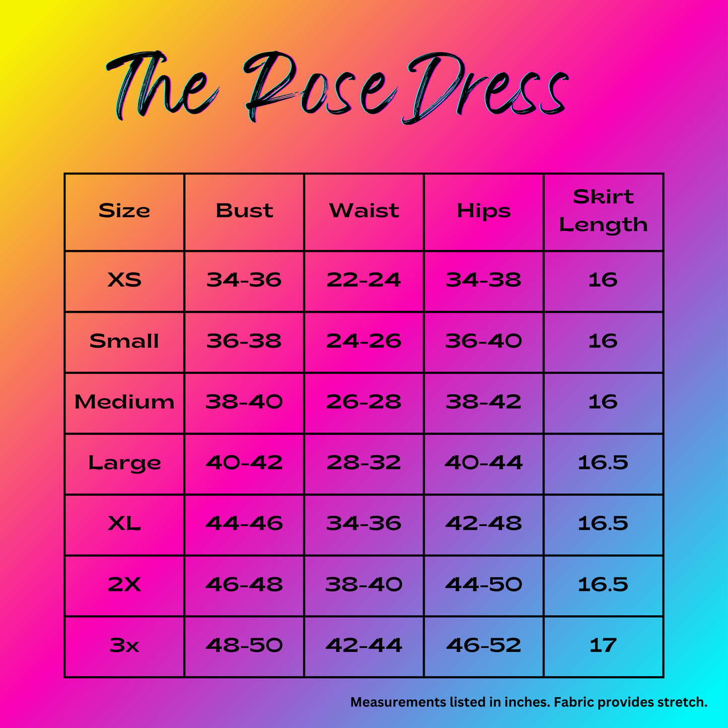 The Rose Dress size chart