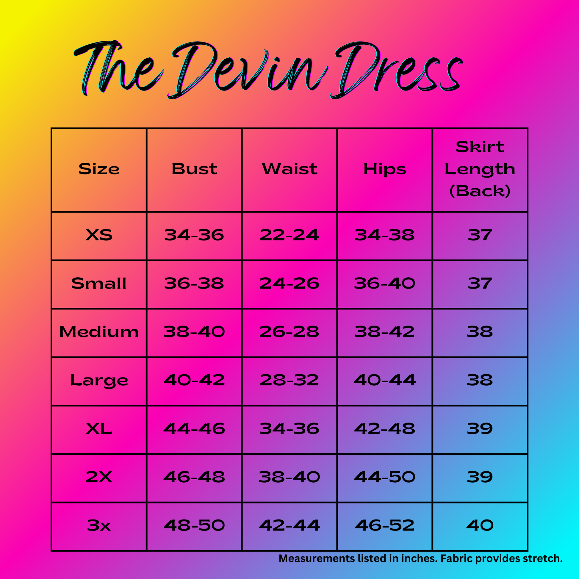 the Devin dress size chart