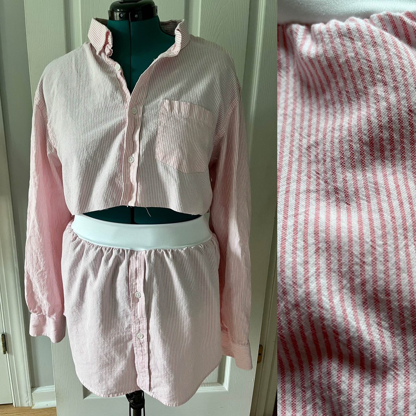 pink and white striped crop top and skirt set. casstastrophe. shop casstastrophe.