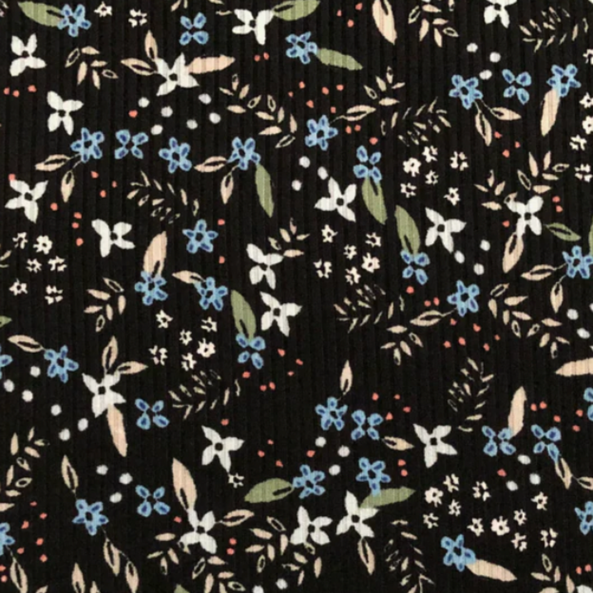 black fabric with white and blue flowers