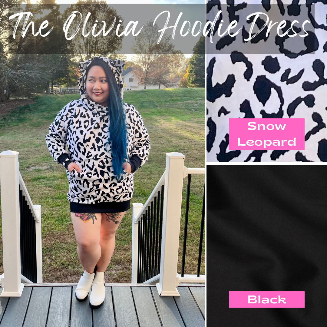 Casstastrophe, Shop Casstastrophe, casstastropheshop.com. The Olivia Hoodie Dress. Hoodie dress with cat ears on the hood. Available in Snow Leopard print and solid black.