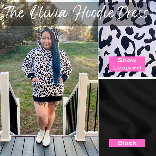 Casstastrophe, Shop Casstastrophe, casstastropheshop.com. The Olivia Hoodie Dress. Hoodie dress with cat ears on the hood. Available in Snow Leopard print and solid black.