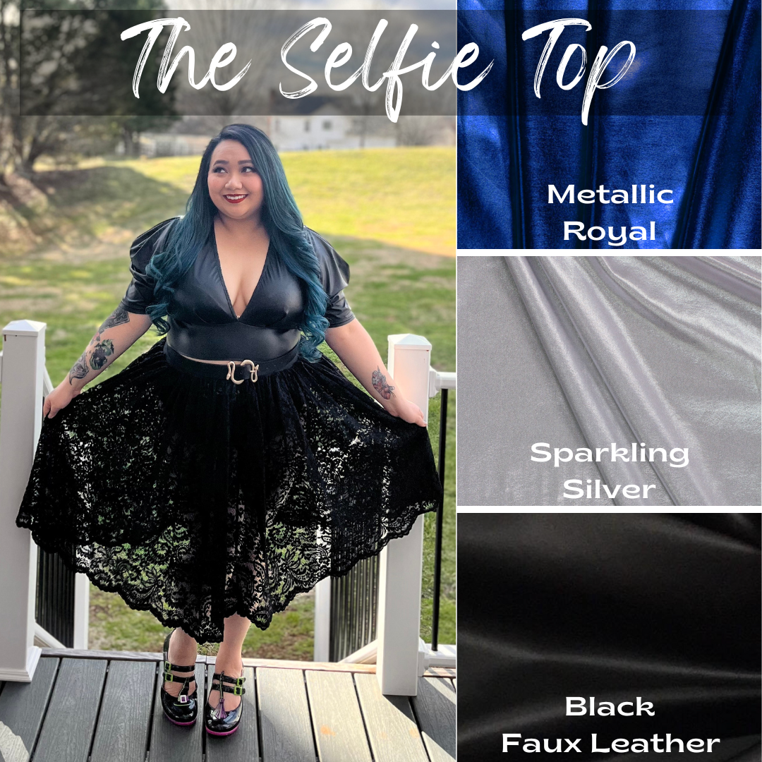 selfie top, black faux leather, casstastropheshop.com, shop casstastrophe, metallic royal, sparkling silver