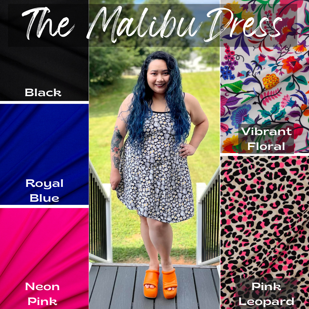 the Malibu dress. flowy spaghetti strap dress. casstastrophe shop. casstastropheshop.com. available in black, royal blue, neon pink, vibrant floral, and pink leopard.