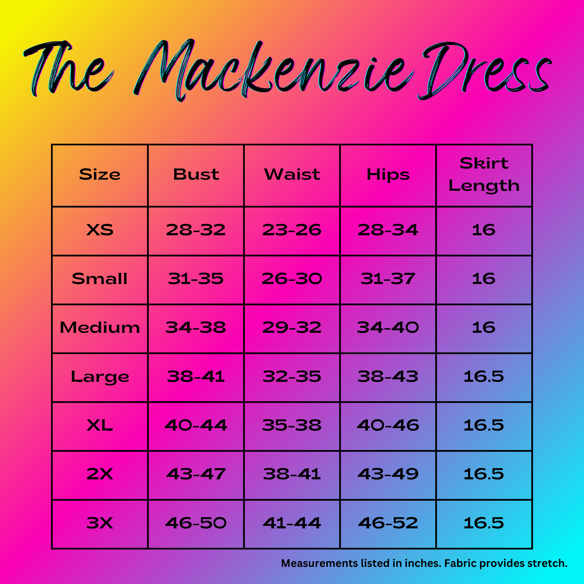 size chart for The Mackenzie dress