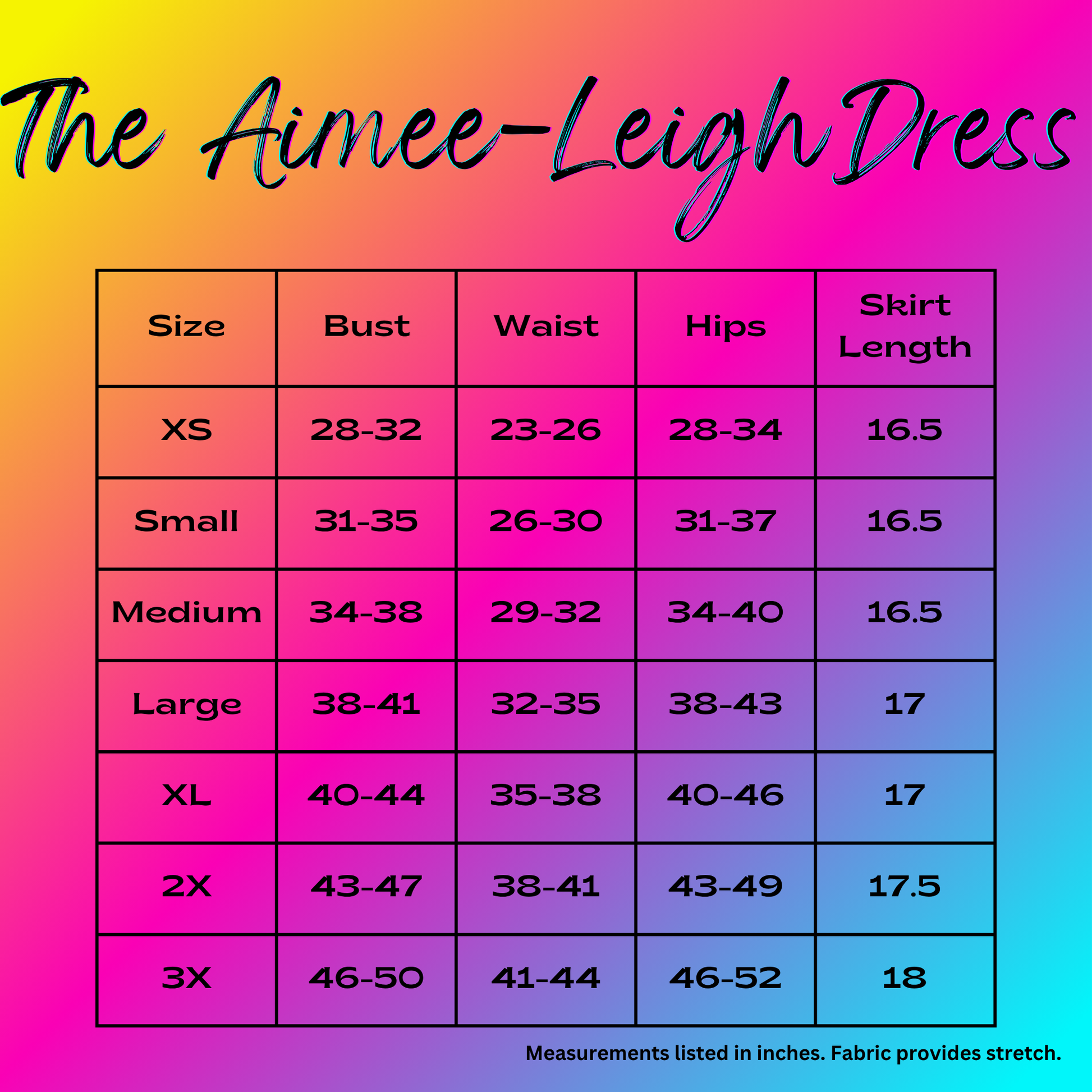 A size chart graphic for 'The Aimee-Leigh Dress' showing measurements in inches by size (XS to 3X), with a bright yellow-to-pink-to-blue gradient background and the product name in large script at the top.