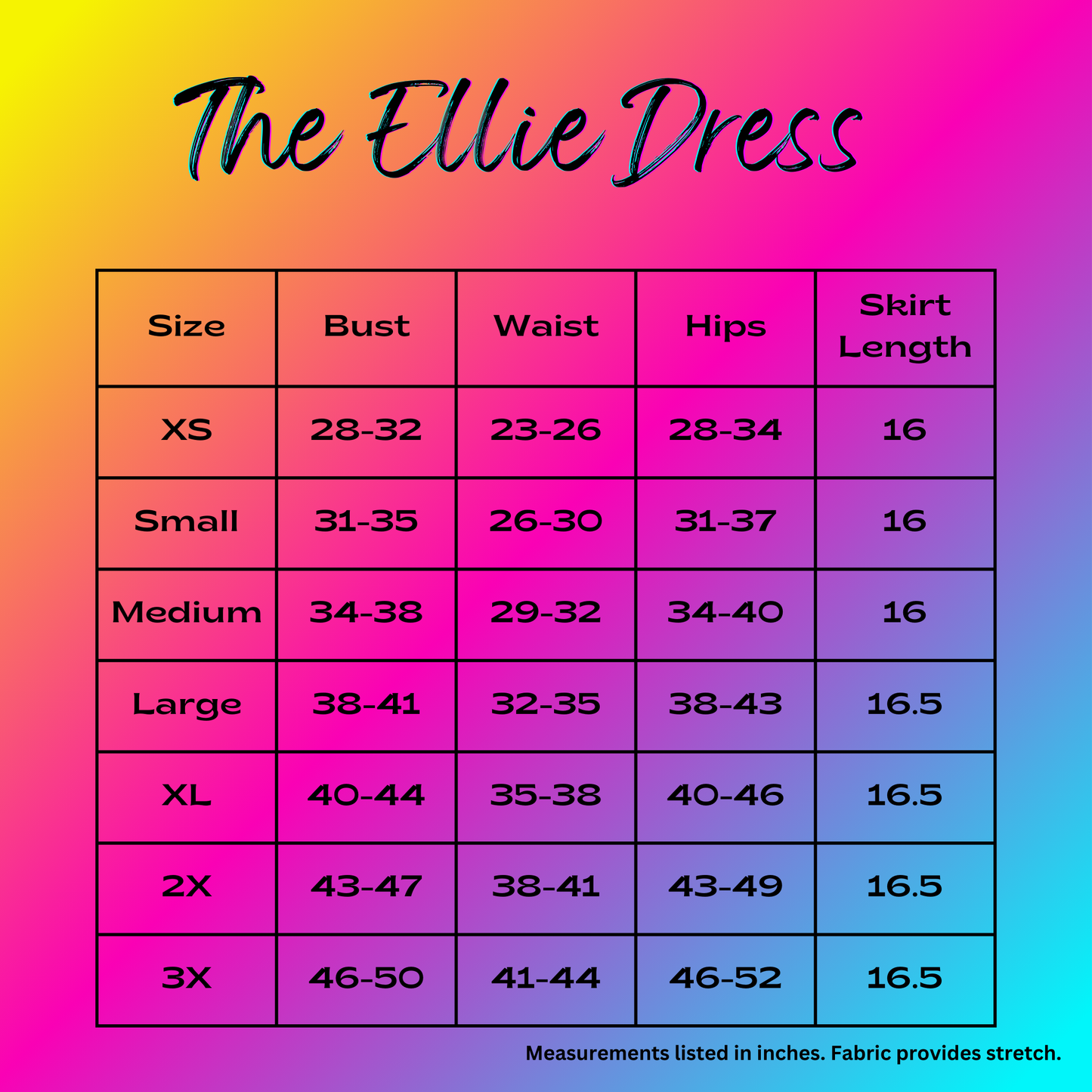 Size chart for 'The Ellie Dress' with measurements on a gradient background