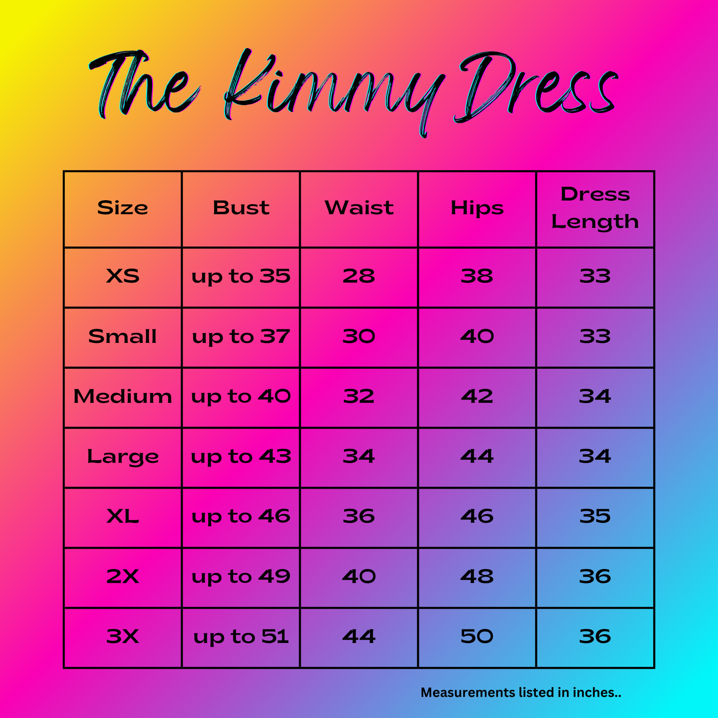 A size chart graphic for 'The Kimmy Dress' with a size guide table showing measurements in inches for sizes XS through 3X, set against a vibrant pink, purple, and blue gradient background.