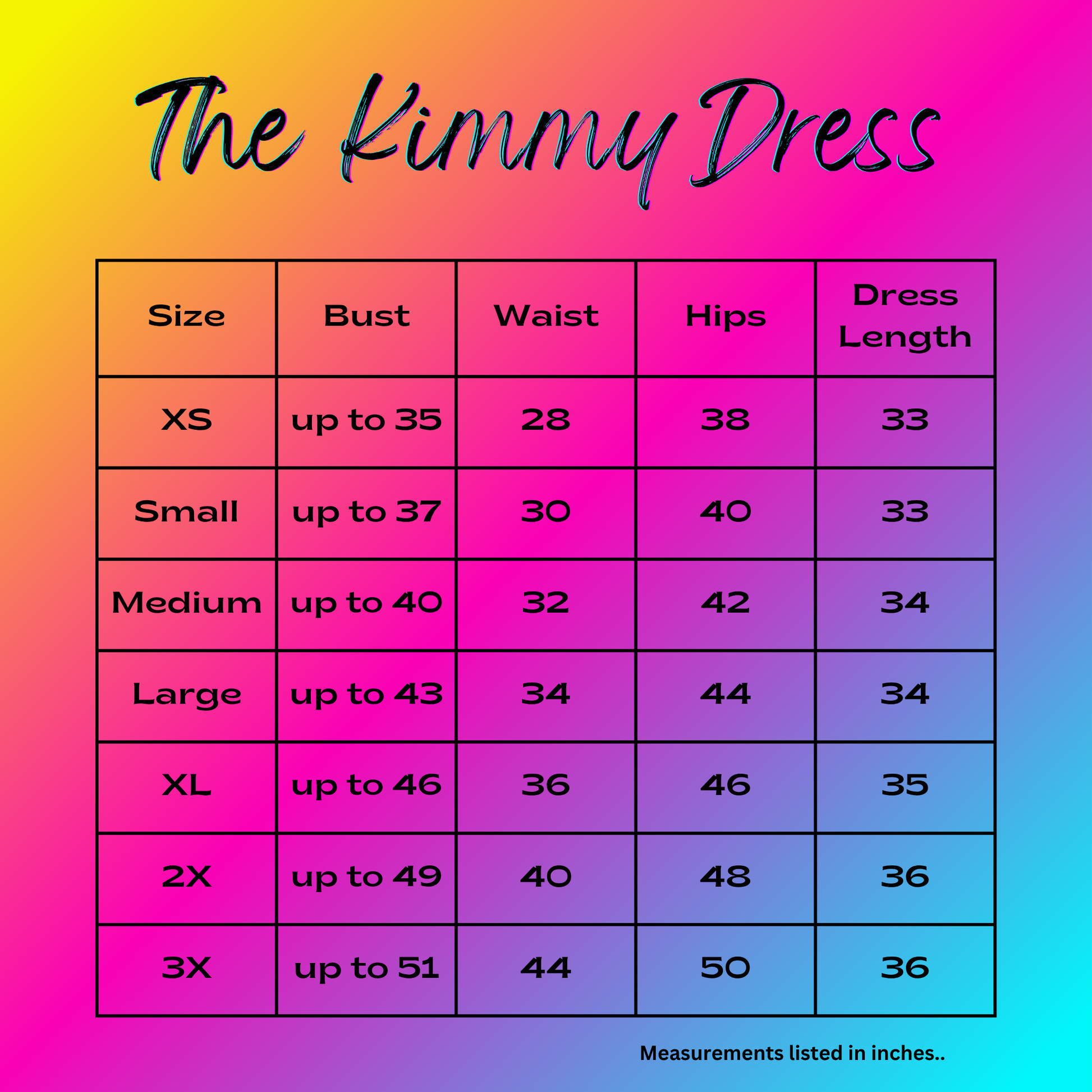 A size chart graphic for 'The Kimmy Dress' with a size guide table showing measurements in inches for sizes XS through 3X, set against a vibrant pink, purple, and blue gradient background.
