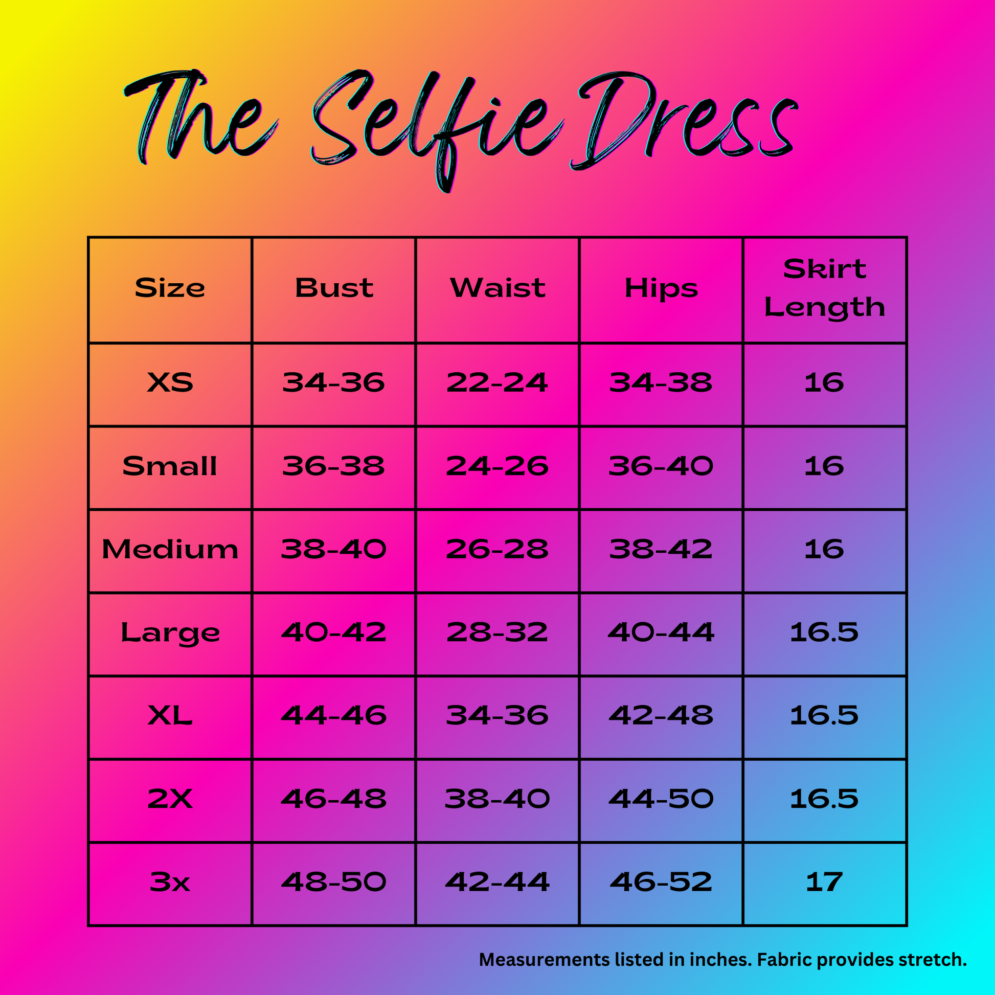 the selfie dress size chart, casstastropheshop.com, shop casstastrophe