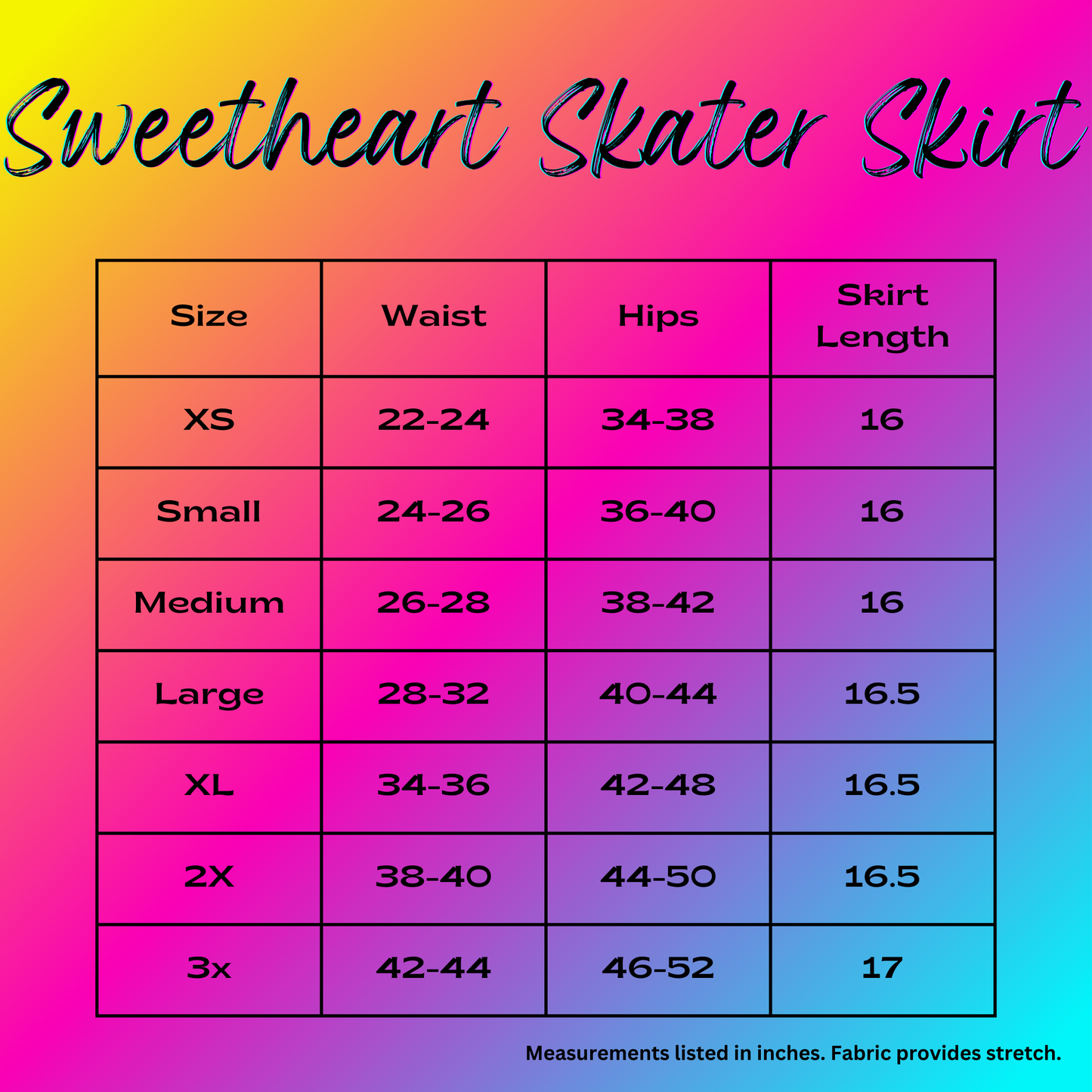 sweetheart skater skirt size chart