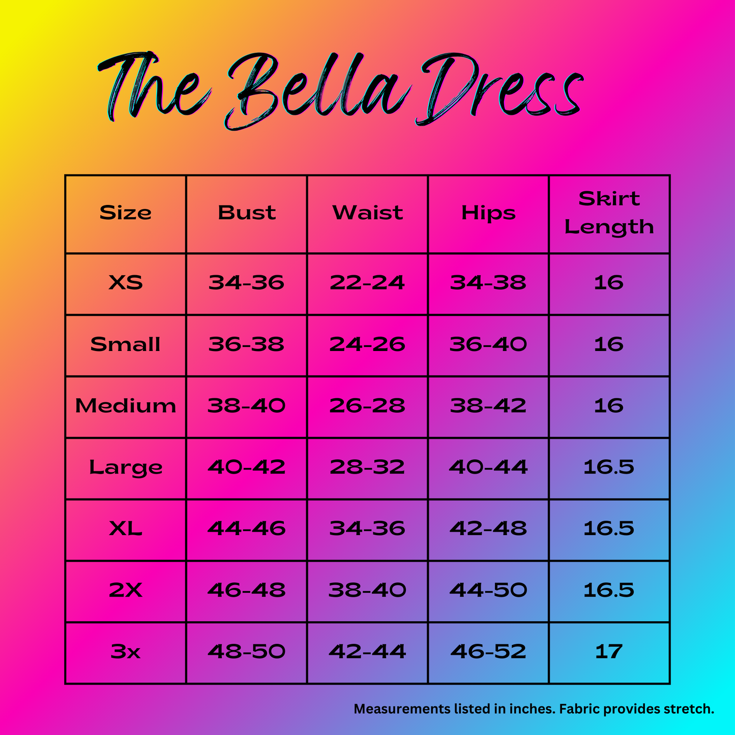 the Bella dress size chart