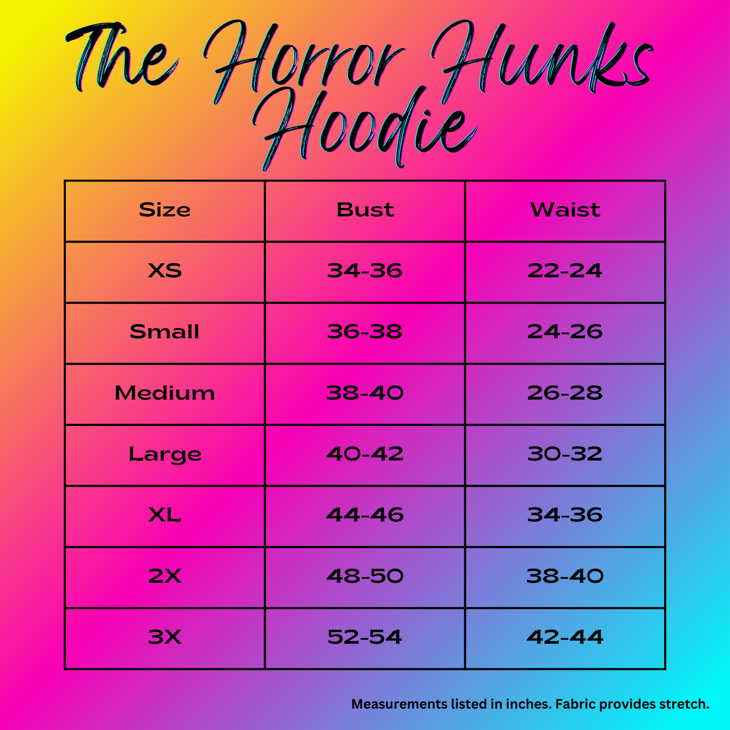 the horror hunks hoodie. casstastrophe. shop casstastrophe. casstastropheshop.com.  size chart