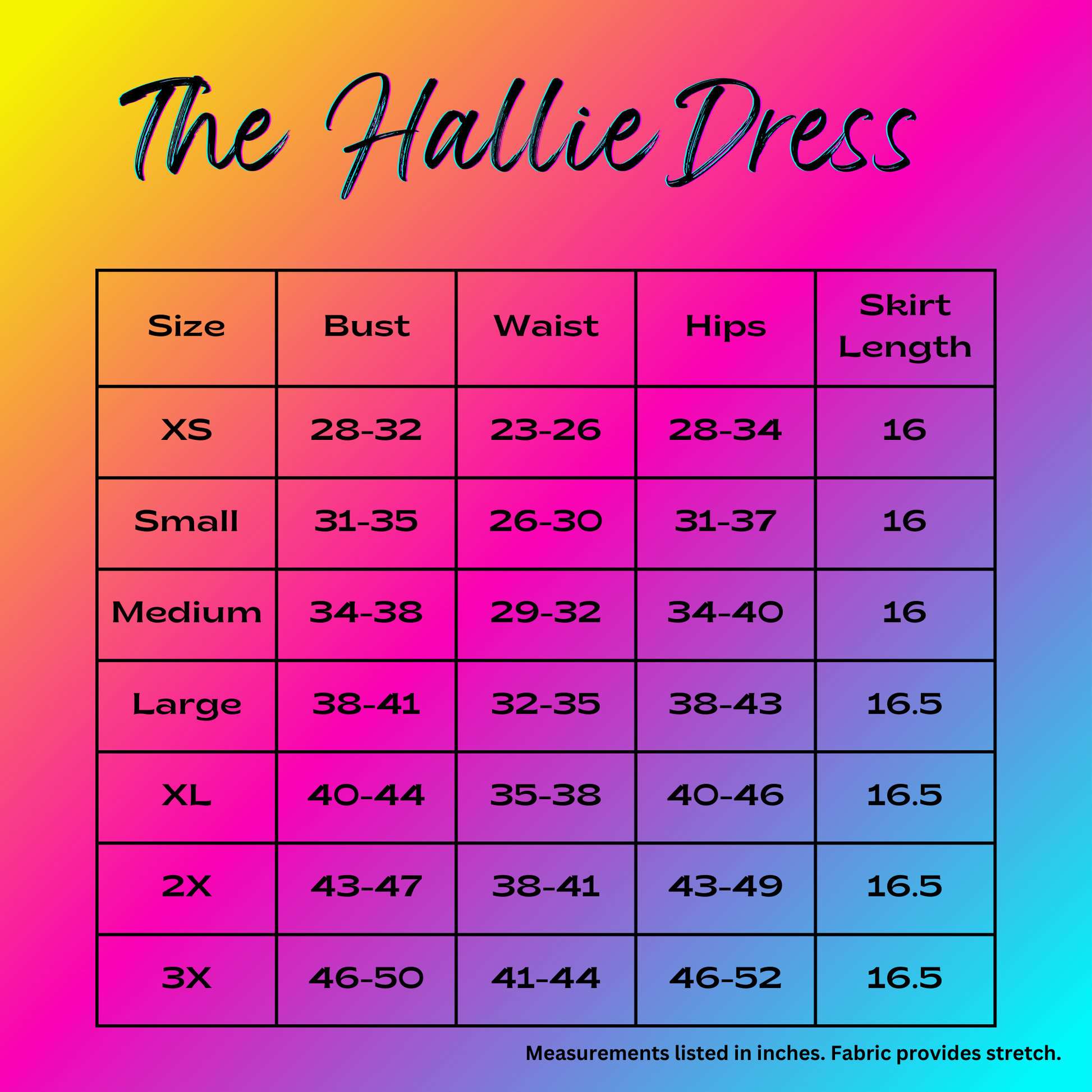 casstastrophe, shop casstastrophe, casstastropheshop.com, the hallie dress size chart