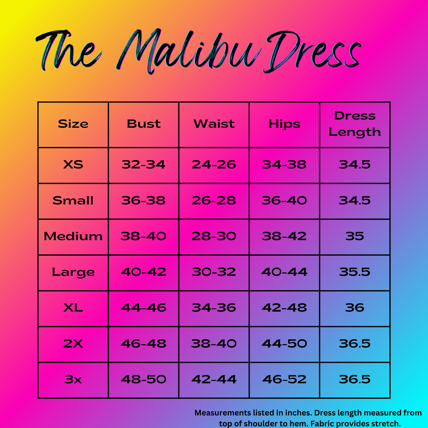 Malibu dress size chart