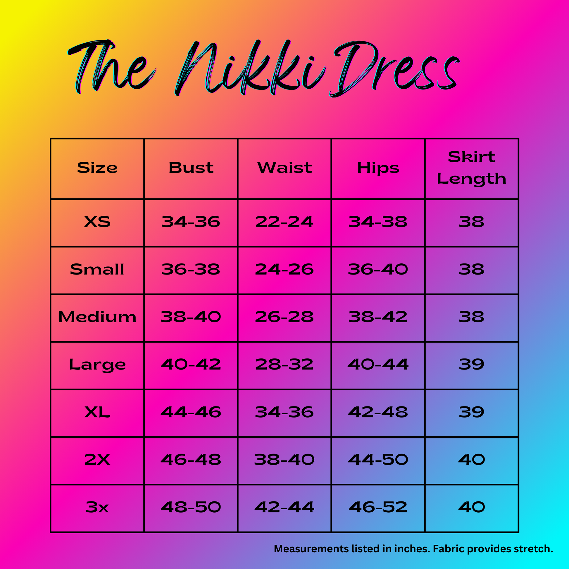 Casstastrophe, Shop Casstastrophe, Casstastropheshop.com, the Nikki Dress, size chart