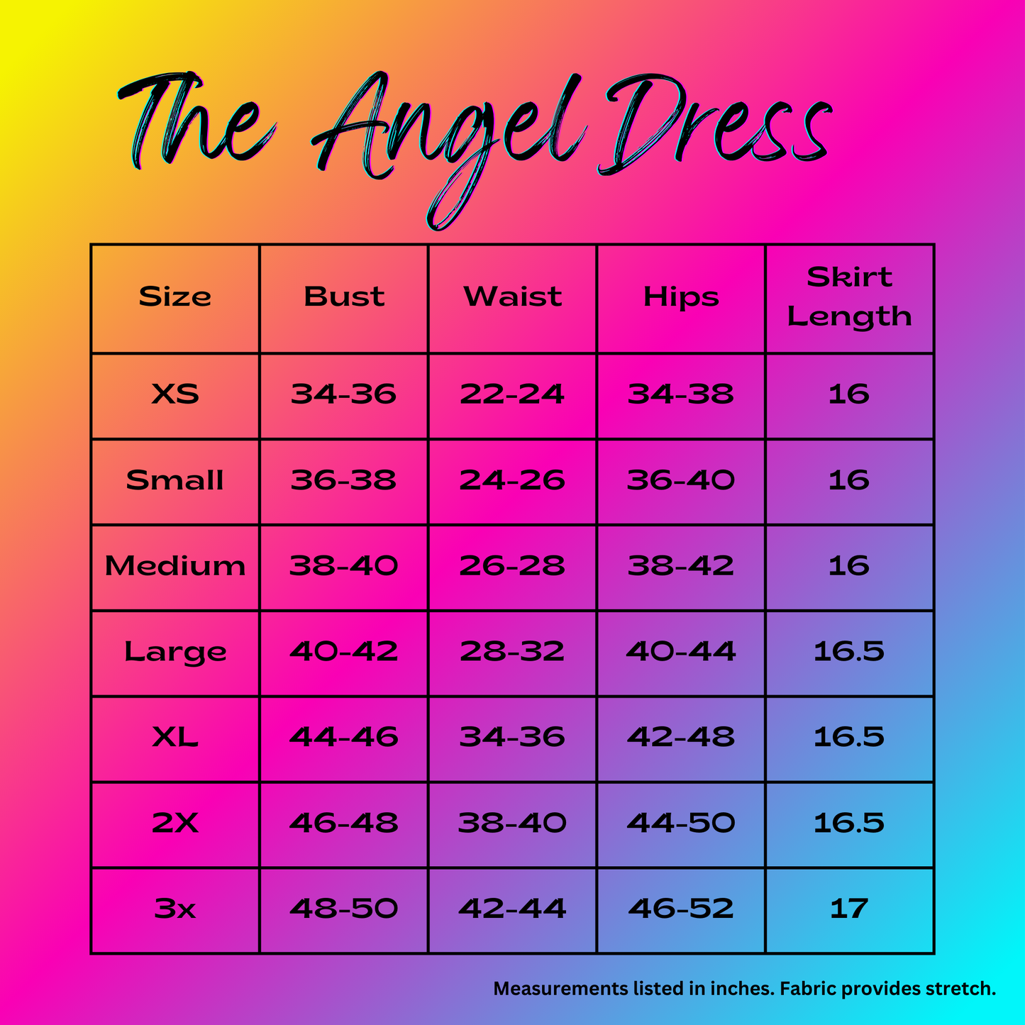 the angel dress size chart