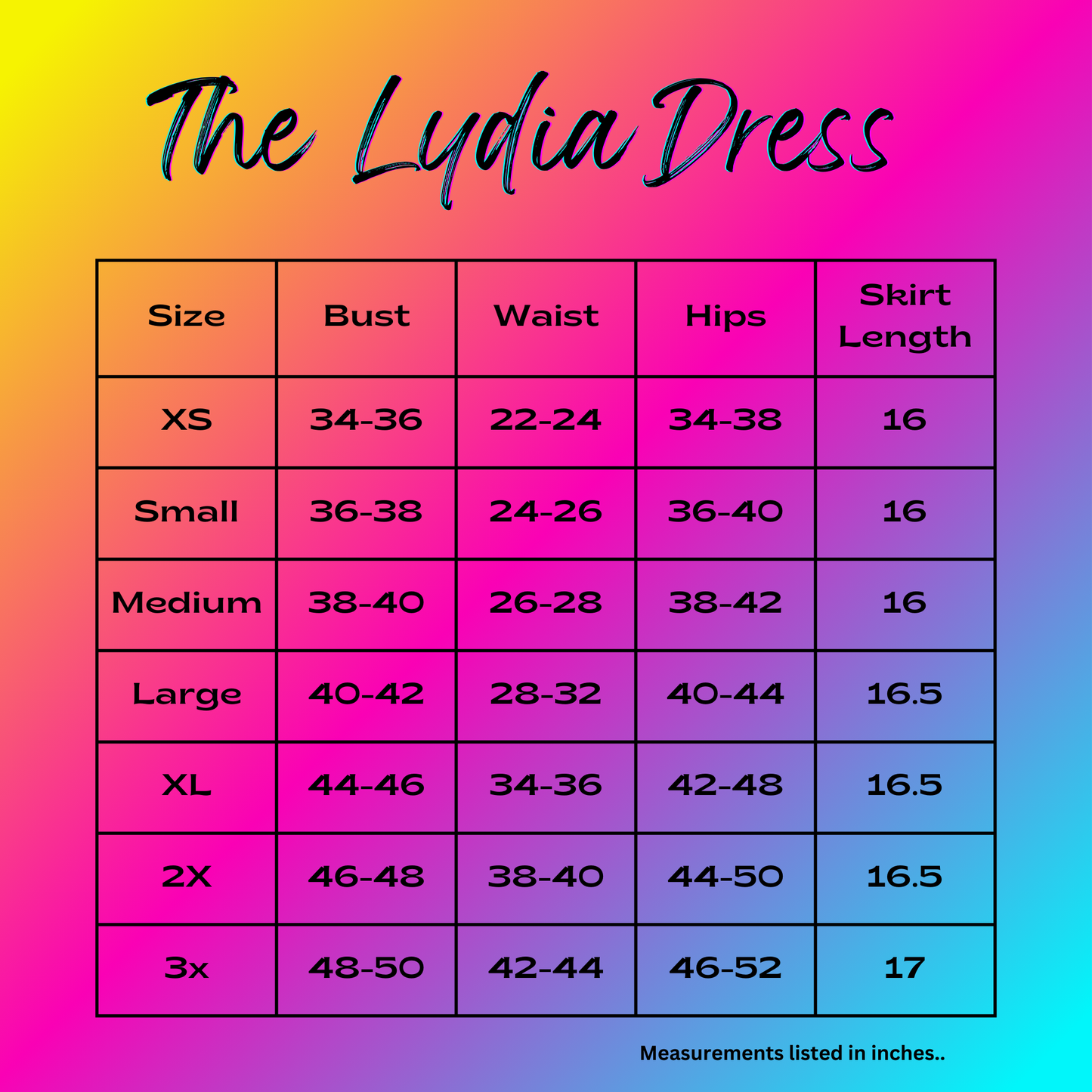 Casstastrophe, Shop Casstastrophe, casstastropheshop.com, The Lydia Dress, size chart