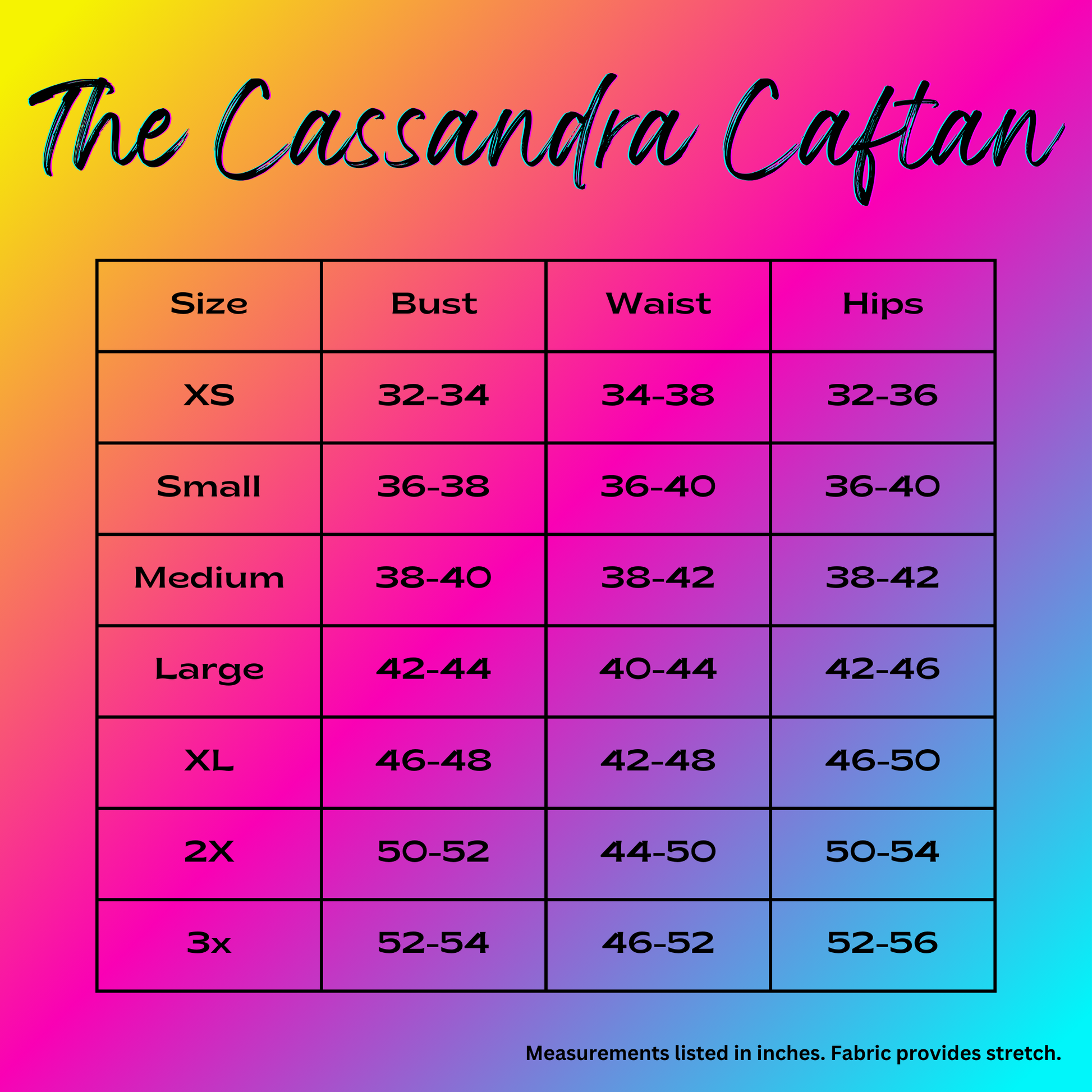 the Cassandra caftan size chart